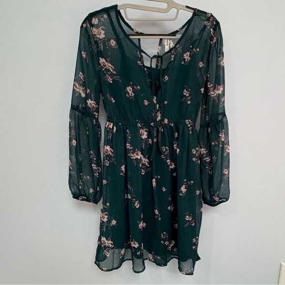 Mudd Y2K Style Mini Dress Size S Green Floral Sheer Bishop Balloon Sleeve Lined - Picture 1 of 12